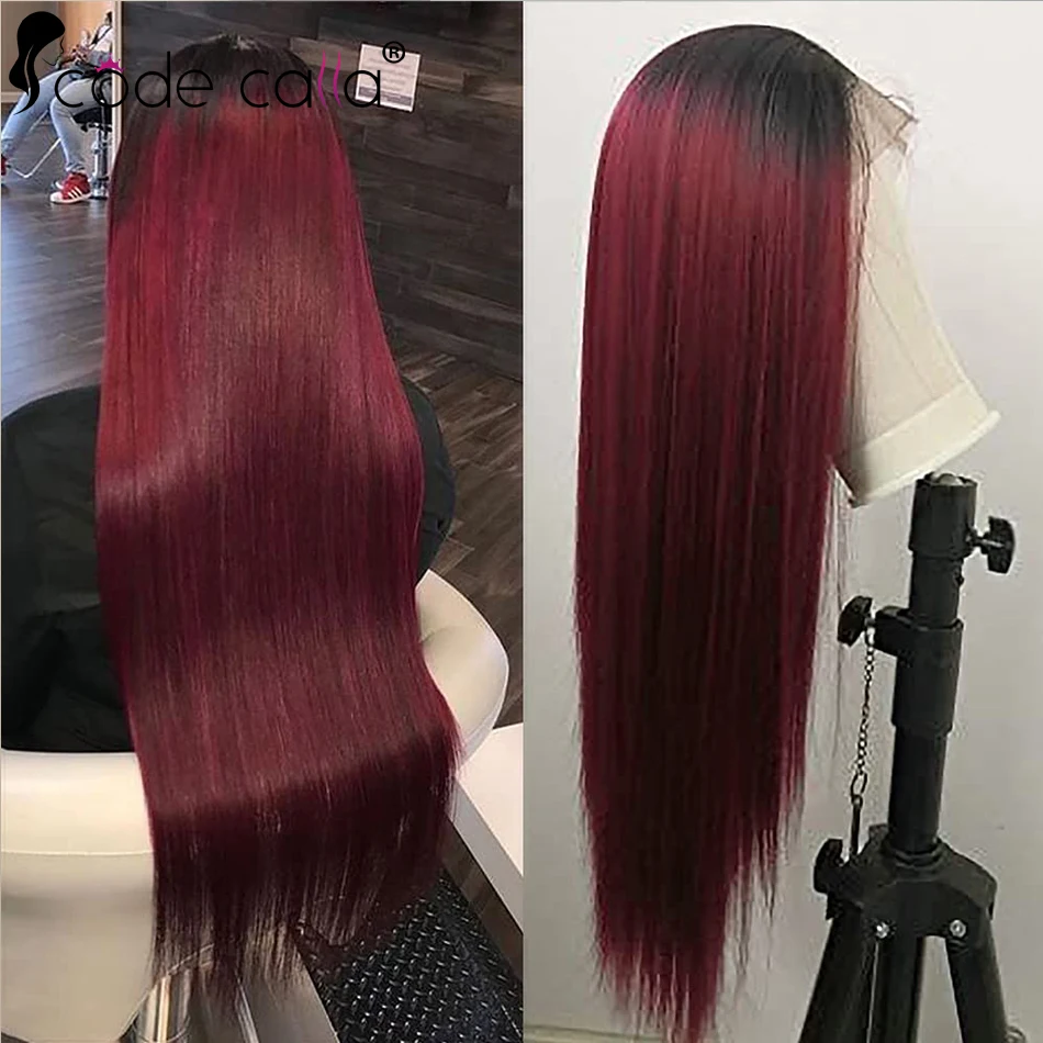 1B 99J Парик из натуральных волос на кружеве 13 × 4 Бразильский парик из натуральных волос на лобной кости, предварительно выщипанные парики из человеческих волос красного бордового цвета - 0