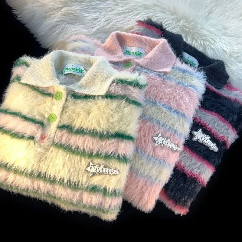 2024 Японский ретро свитер Поло в полоску с вырезом лодочкой осень-зима для мужчин/женщин, свободный и ленивый стиль, вязаный пуловер из шерсти морского коня - 0