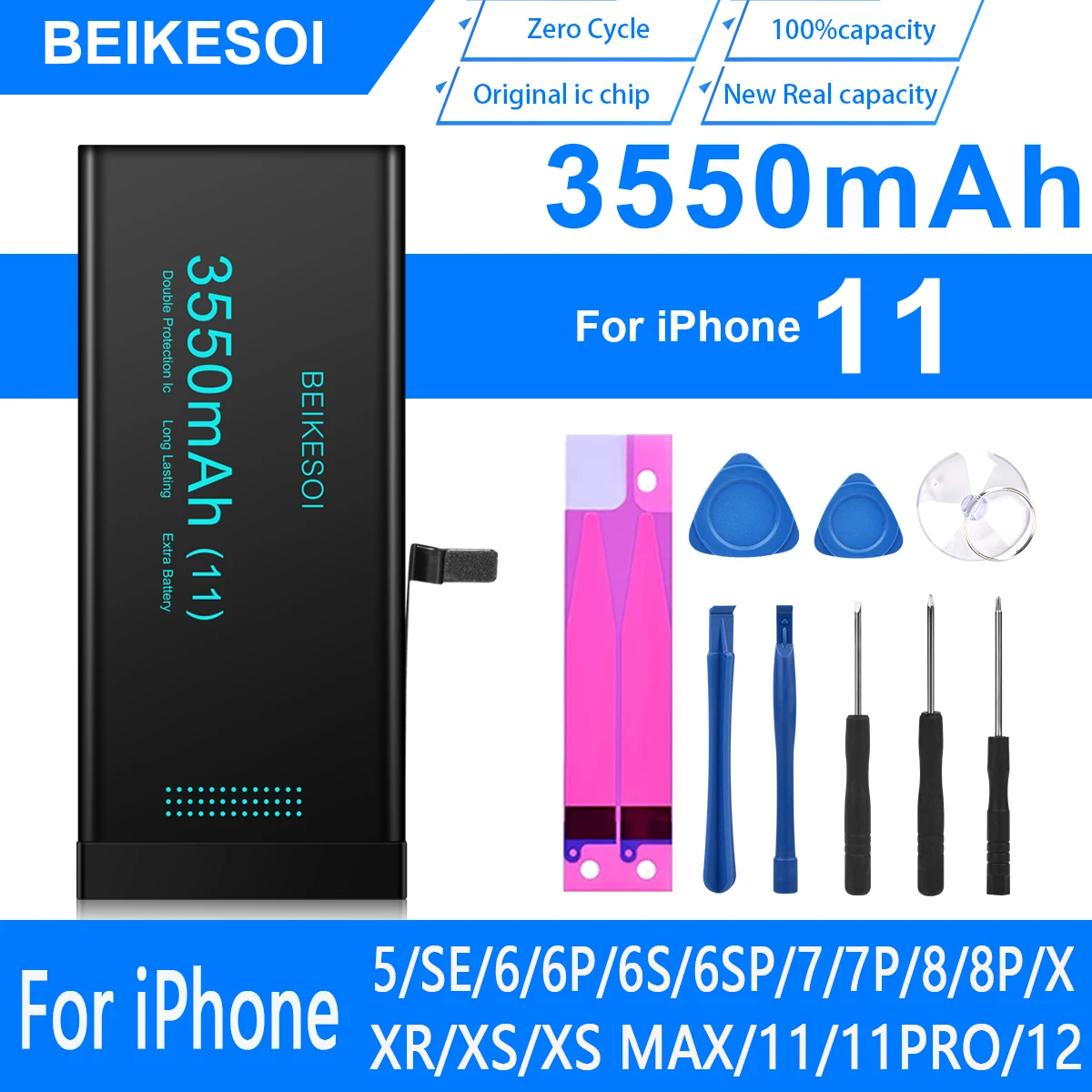 Аккумулятор BEIKESOI для iPhone 11 X XS XR XSMAX Высокой Емкости 3550 мАч IC-Чип Перезаряжаемый Сменный Bateria с Бесплатным Инструментом - 0