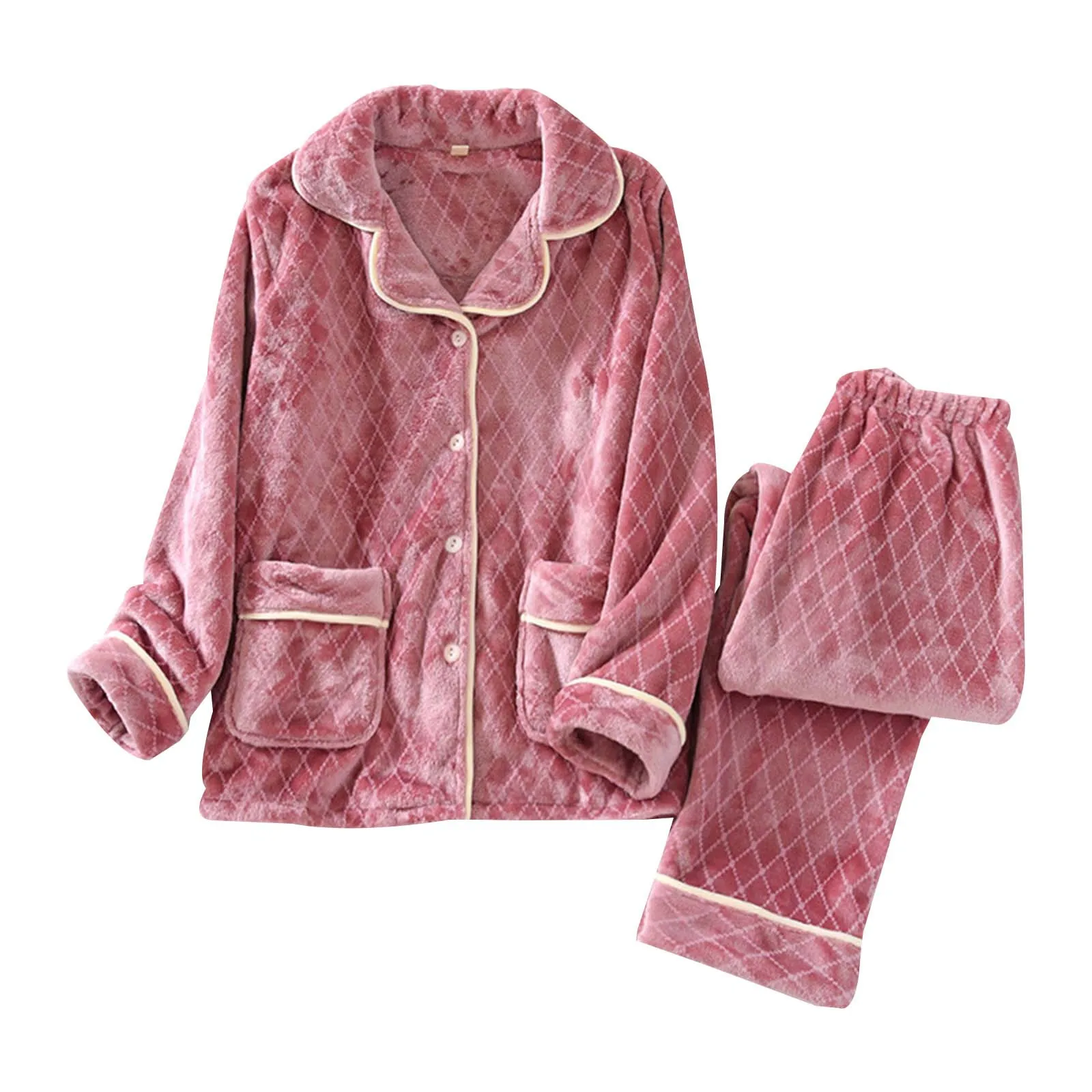 Женский комплект пижам с ромбовидной сеткой, утепленная зимняя теплая пижама с длинными рукавами из флиса - 0