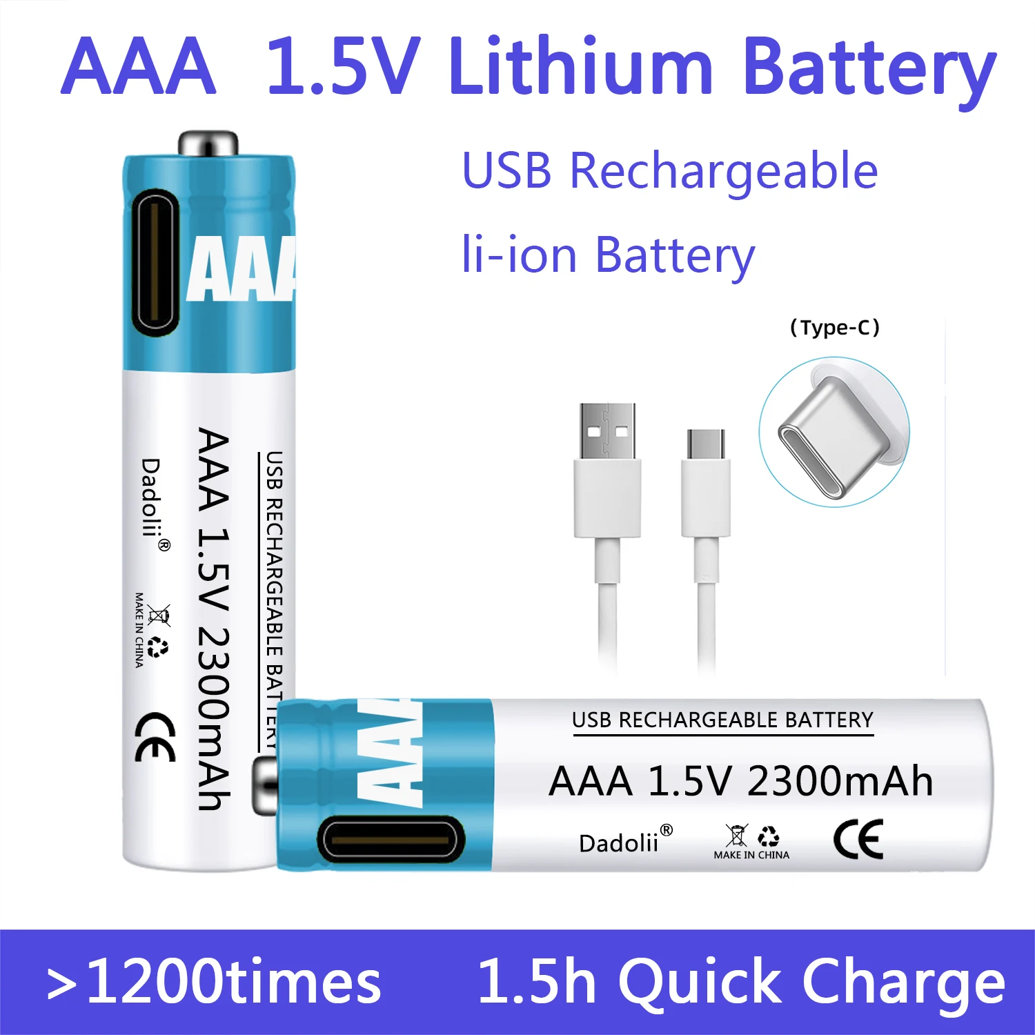 Новая Аккумуляторная Батарея 1.5 V AAA 2300mAh Литий-Полимерная Аккумуляторная Батарея AAA Быстрая Зарядка по USB-кабелю Type-C - 0