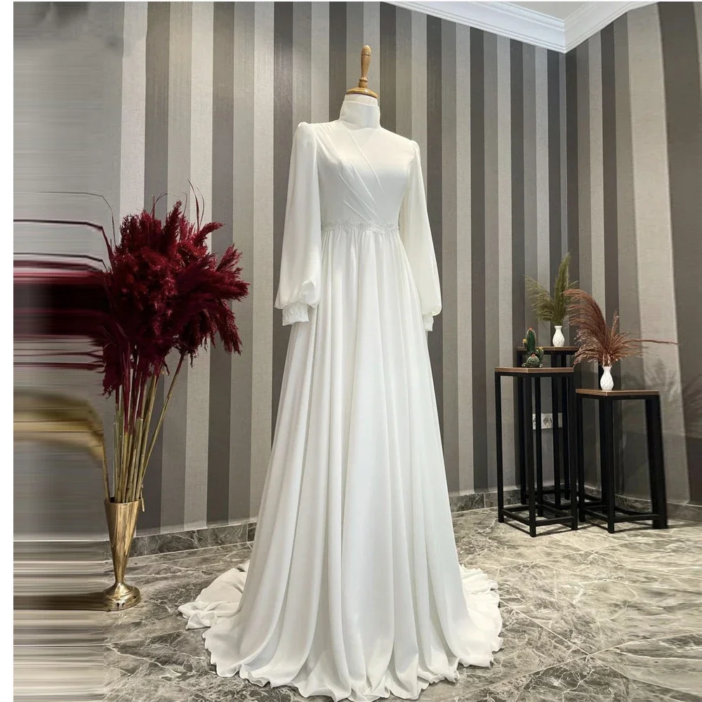 Элегантные свадебные платья из Саудовской Аравии для женщин, шифоновое свадебное платье трапециевидной формы с длинными рукавами и высоким воротом и рюшами, цвета слоновой кости. - 0