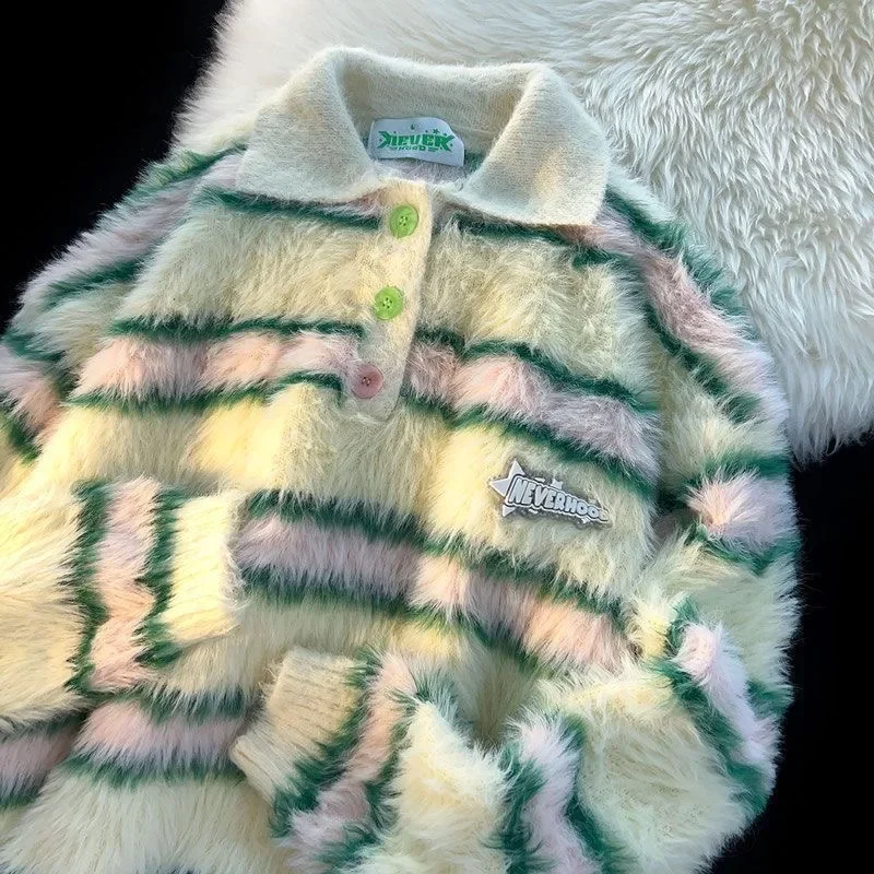 2024 Японский ретро свитер Поло в полоску с вырезом лодочкой осень-зима для мужчин/женщин, свободный и ленивый стиль, вязаный пуловер из шерсти морского коня - 1