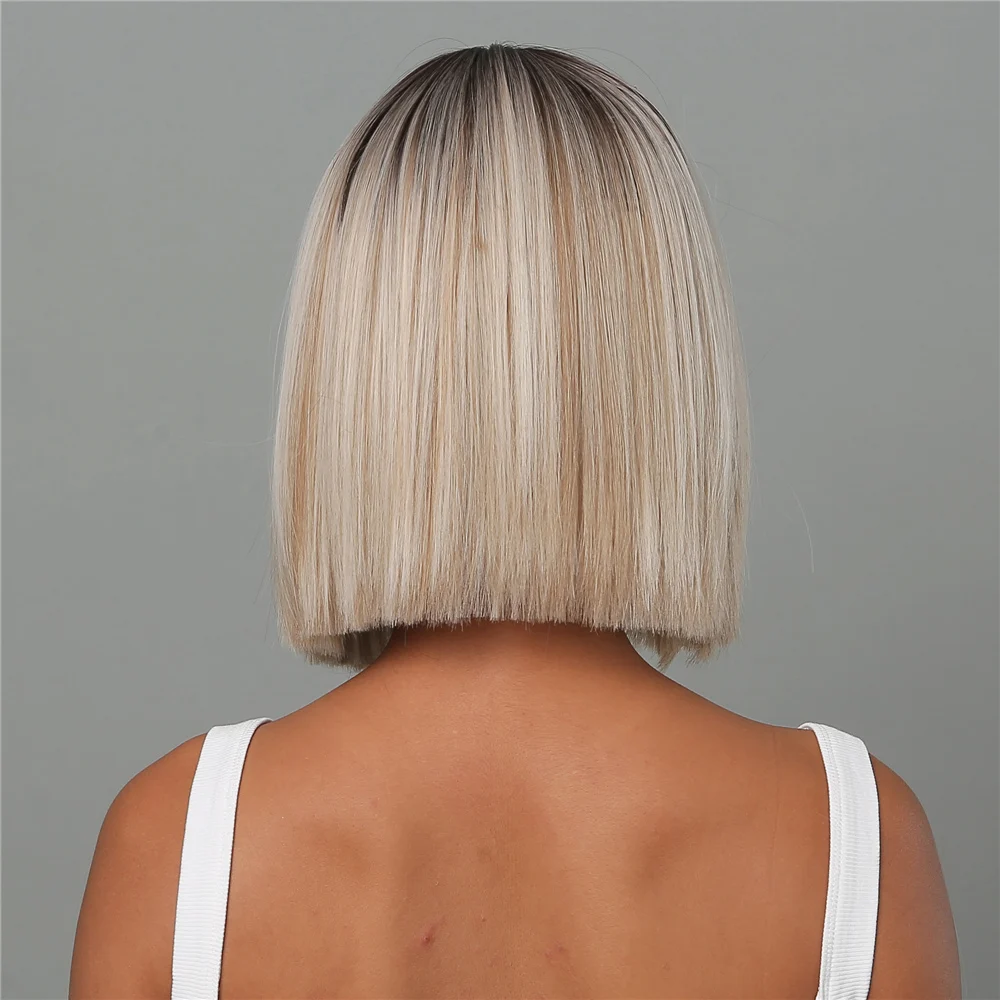 Короткий прямой синтетический парик смешанного цвета платиновой блондинки с челкой, омбре, коричневый боб, парики для женщин, средняя часть, повседневный термостойкий - 1