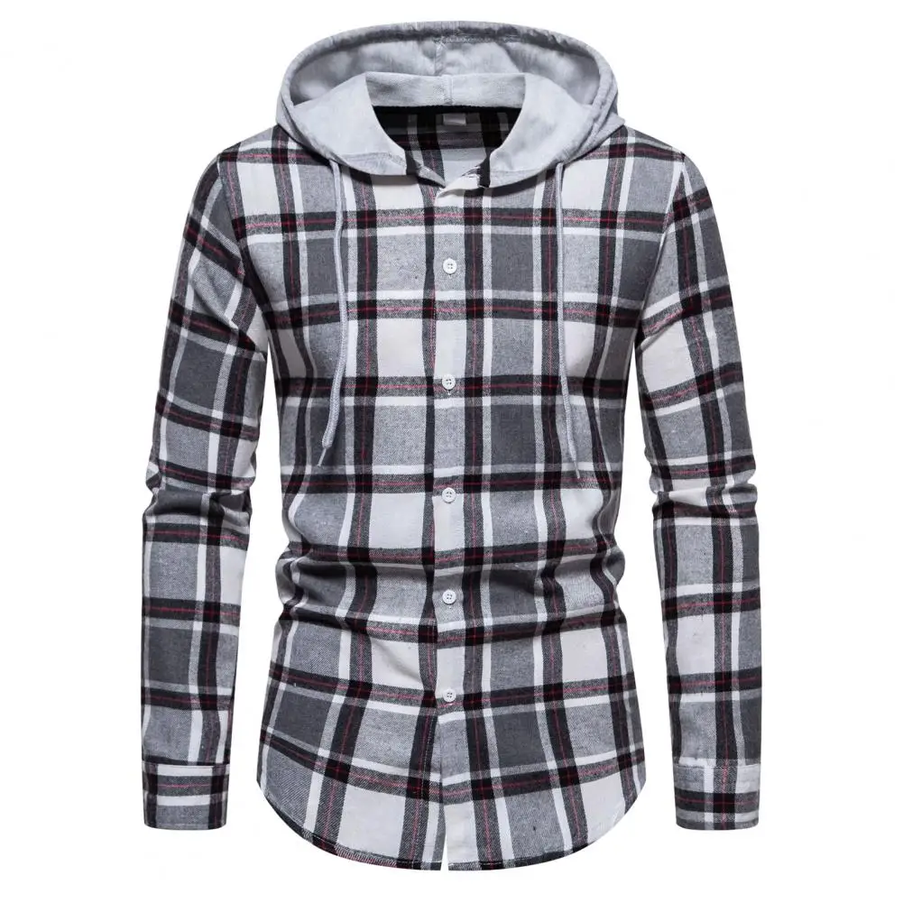 Однобортное пальто, мужская весенне-осенняя рубашка в клетку с капюшоном, пальто с однобортным рисунком, длинный рукав для уличной одежды - 1