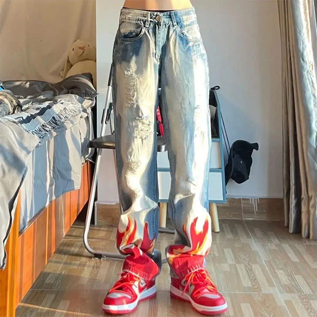 2022 осень и зима, новые джинсы размера swag с огненным принтом, промытые с дырками, в стиле хип-хоп, брюки в уличном стиле для мужчин и женщин, джинсы - 2