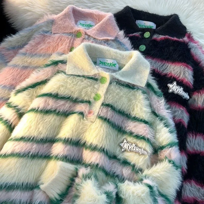 2024 Японский ретро свитер Поло в полоску с вырезом лодочкой осень-зима для мужчин/женщин, свободный и ленивый стиль, вязаный пуловер из шерсти морского коня - 2