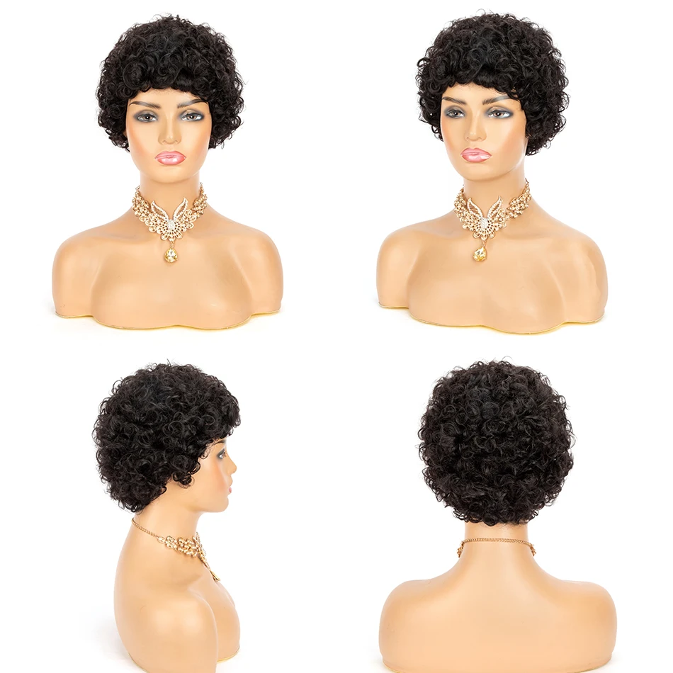 Короткие Парики Из Человеческих Волос Pixie Cut для Чернокожих Женщин 180% Плотности Водяная Волна Remy Перуанские Волосы Полный Машинный Парик Бесклеевой - 2