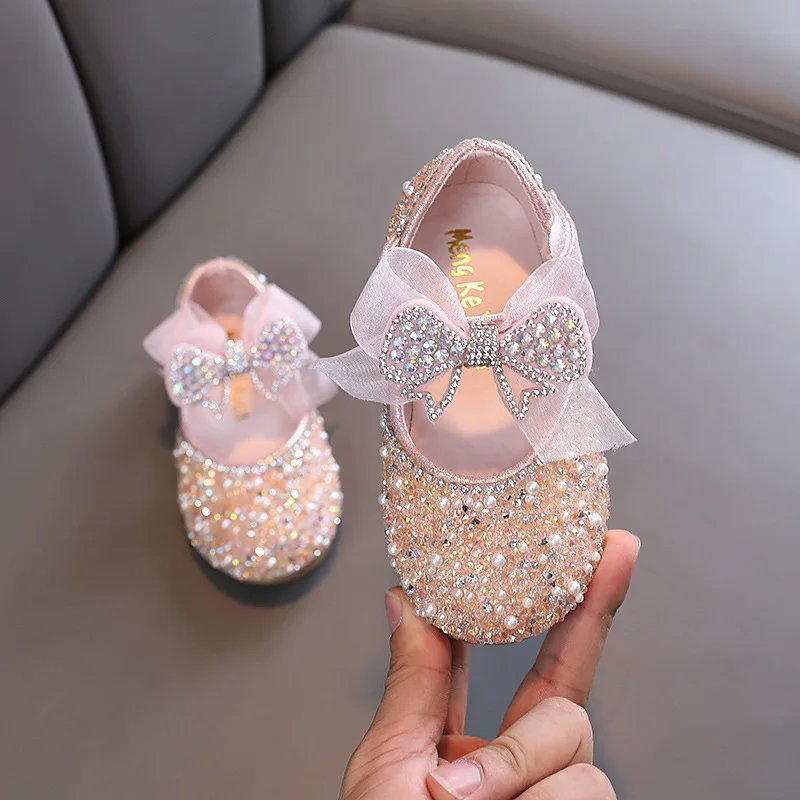 Кожаные туфли-бабочки для девочек Дизайн принцессы Модная нескользящая обувь для вечеринок и танцев Для девочек Детские тонкие туфли с лентой - 3