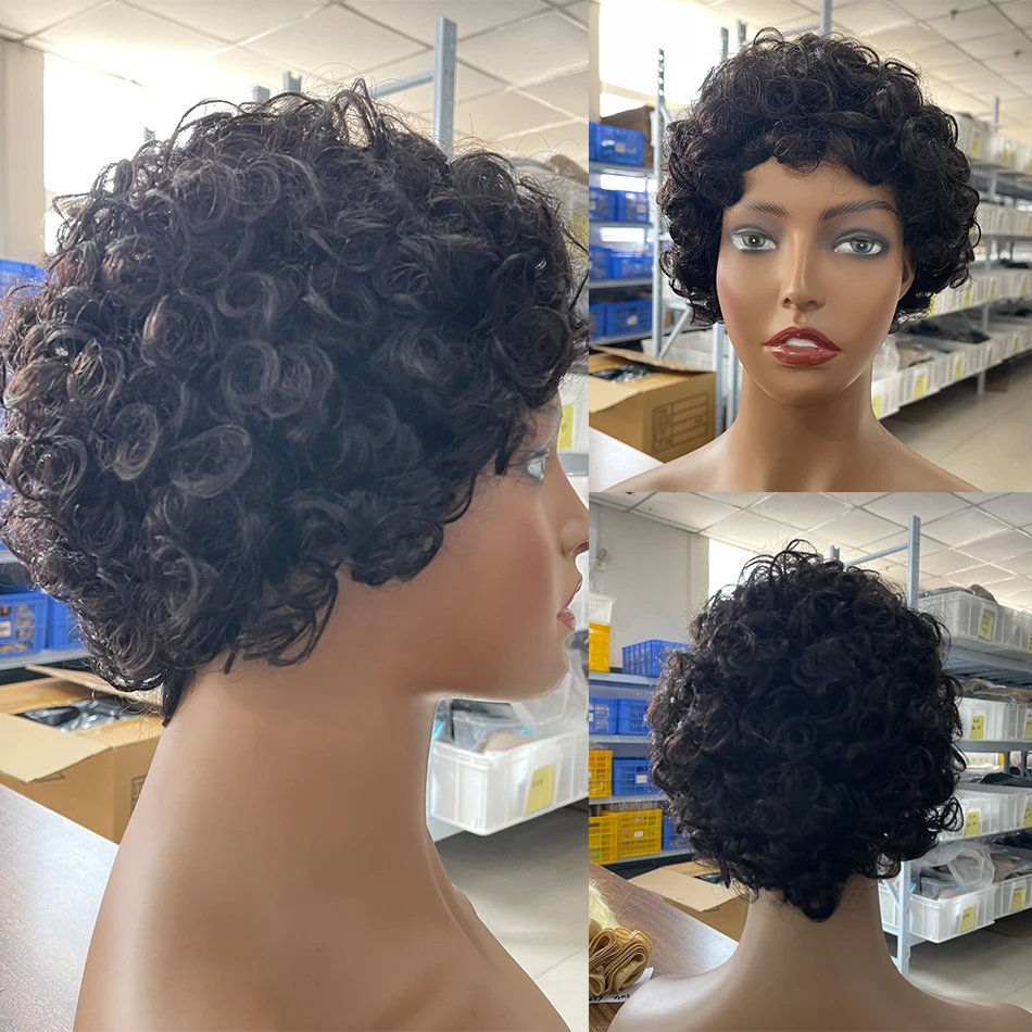 Короткие Парики Из Человеческих Волос Pixie Cut для Чернокожих Женщин 180% Плотности Водяная Волна Remy Перуанские Волосы Полный Машинный Парик Бесклеевой - 3