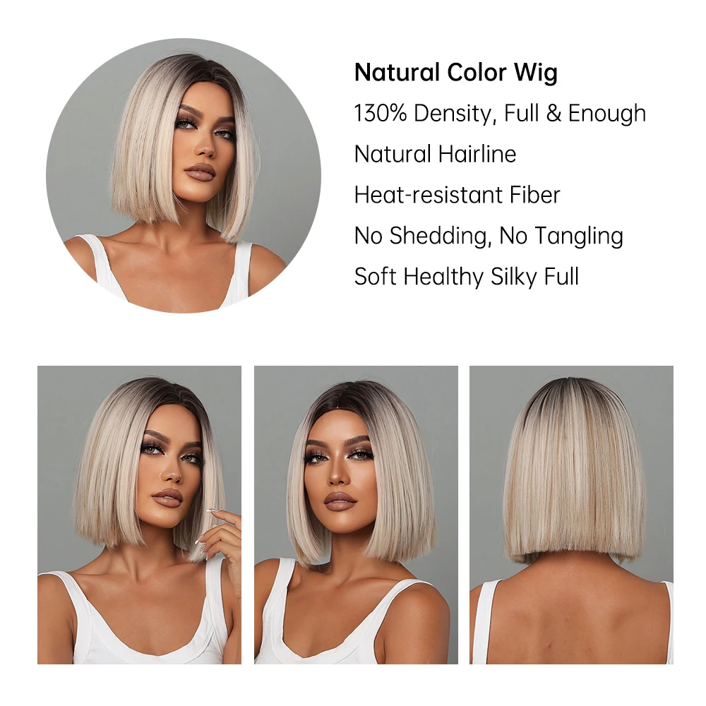Короткий прямой синтетический парик смешанного цвета платиновой блондинки с челкой, омбре, коричневый боб, парики для женщин, средняя часть, повседневный термостойкий - 3