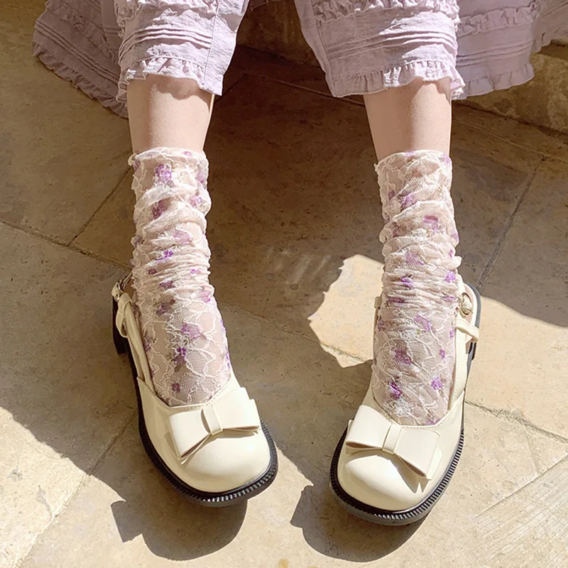 Милые Кружевные Женские Носки в японском стиле Харадзюку С цветочной вышивкой, ретро Носки, Летние Тонкие Сетчатые Дышащие Свободные Длинные Носки, Подарки - 3