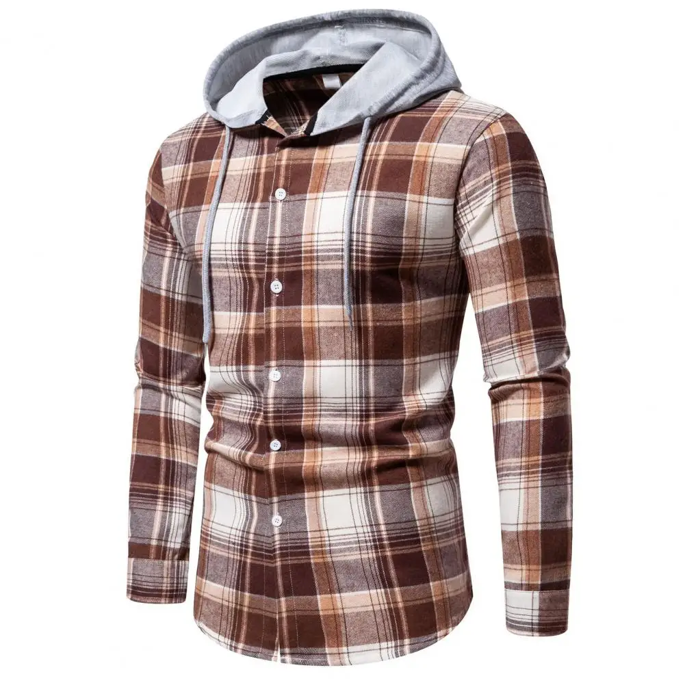 Однобортное пальто, мужская весенне-осенняя рубашка в клетку с капюшоном, пальто с однобортным рисунком, длинный рукав для уличной одежды - 3