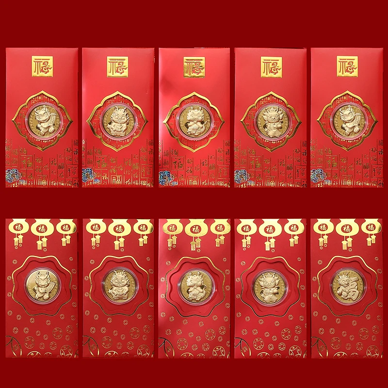 1 шт. Китайские Новогодние Красные Конверты 2024 Dragon Lucky Money Конверты Красный Пакет С Золотой Монетой Hong Bao Для Декора Весеннего Фестиваля - 4