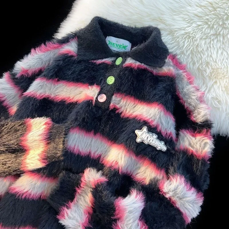 2024 Японский ретро свитер Поло в полоску с вырезом лодочкой осень-зима для мужчин/женщин, свободный и ленивый стиль, вязаный пуловер из шерсти морского коня - 4