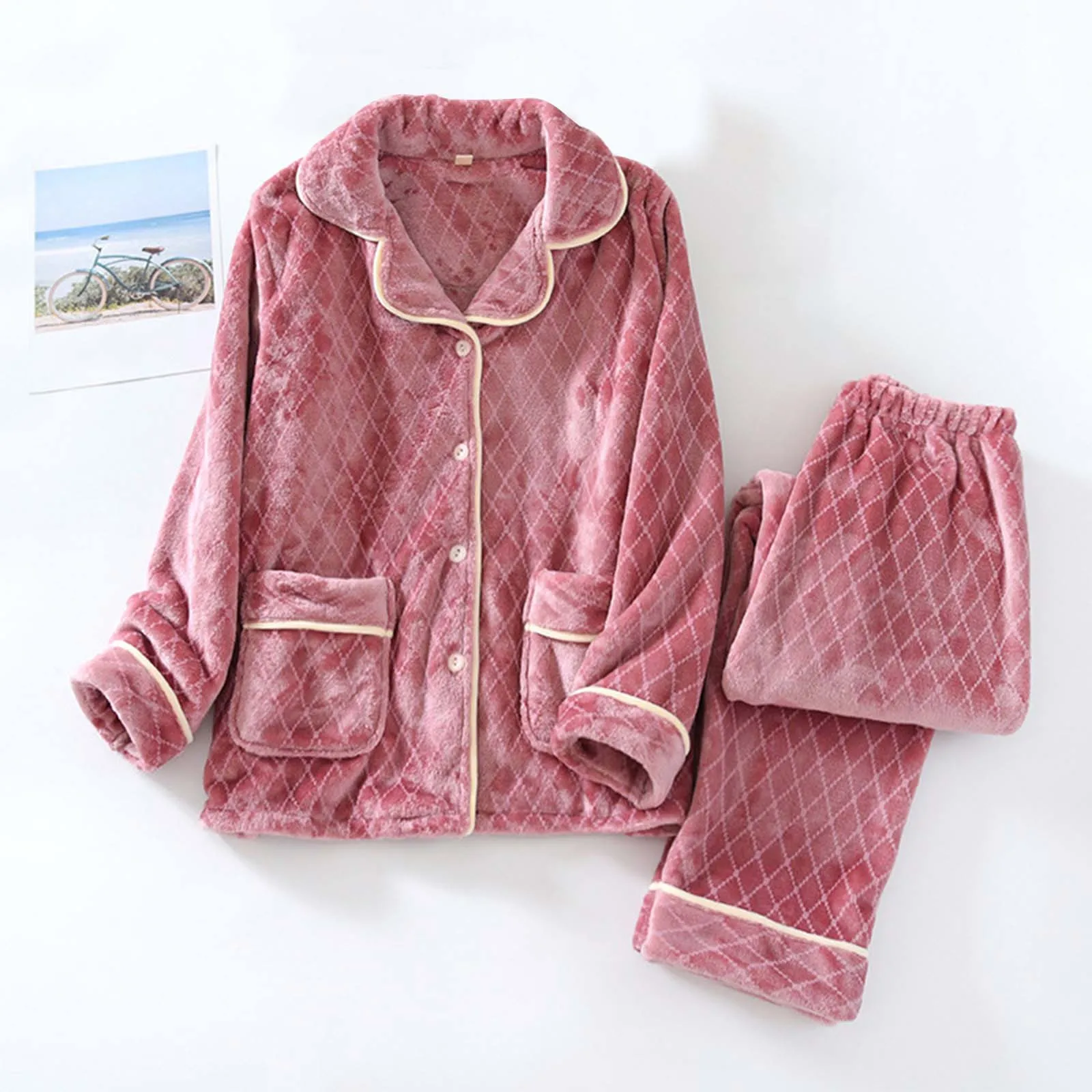 Женский комплект пижам с ромбовидной сеткой, утепленная зимняя теплая пижама с длинными рукавами из флиса - 4