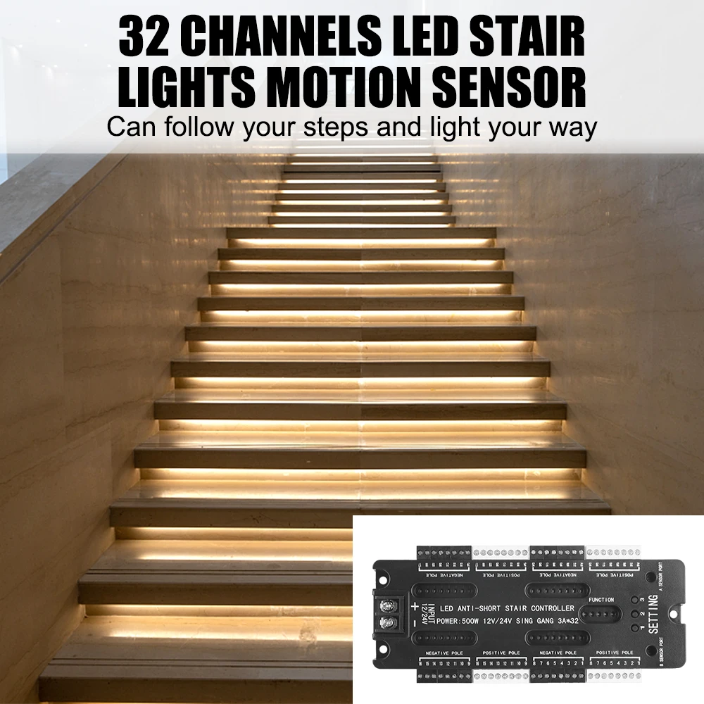Для лестниц, гибкая лента, светодиодный датчик движения, регулируемая яркость, 32 канала постоянного тока 12 В 24 В, комплект контроллера освещения лестницы - 5
