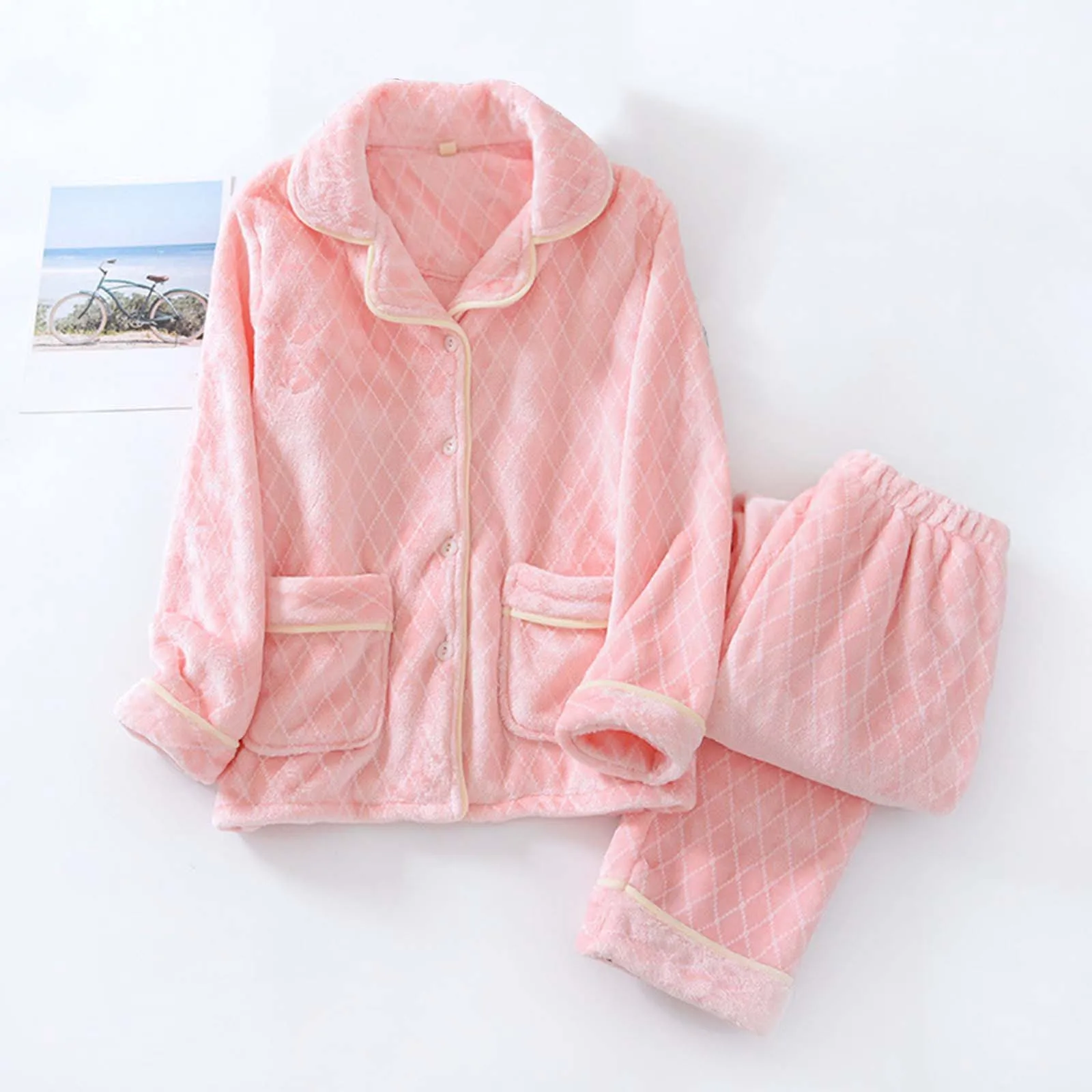 Женский комплект пижам с ромбовидной сеткой, утепленная зимняя теплая пижама с длинными рукавами из флиса - 5