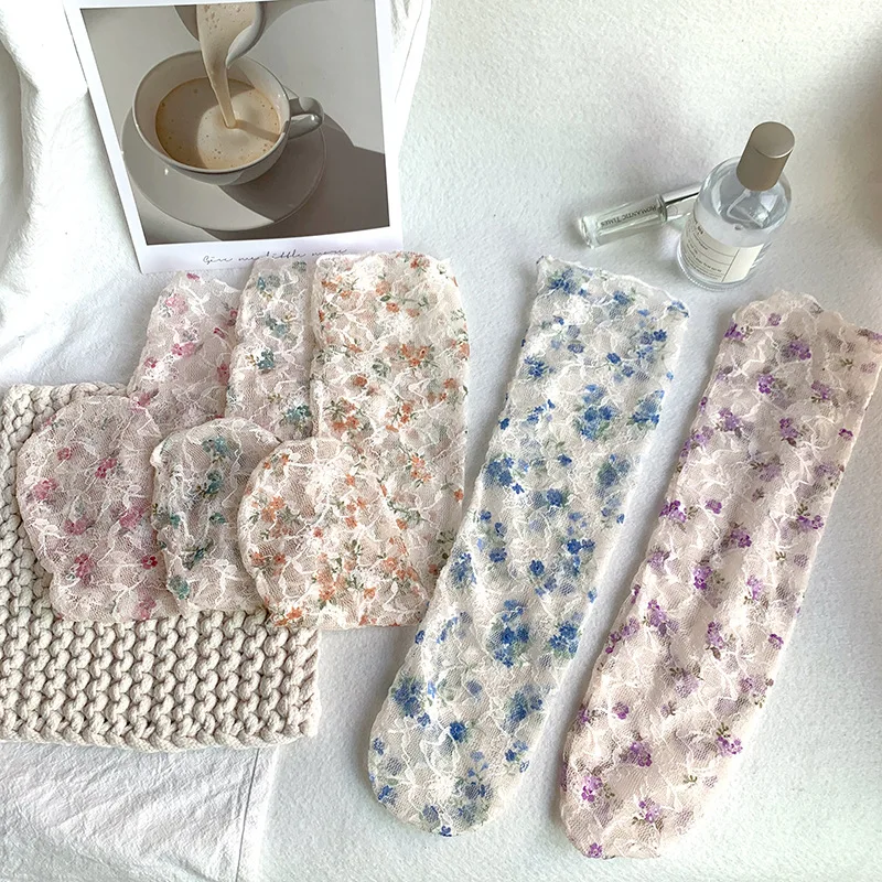 Милые Кружевные Женские Носки в японском стиле Харадзюку С цветочной вышивкой, ретро Носки, Летние Тонкие Сетчатые Дышащие Свободные Длинные Носки, Подарки - 5