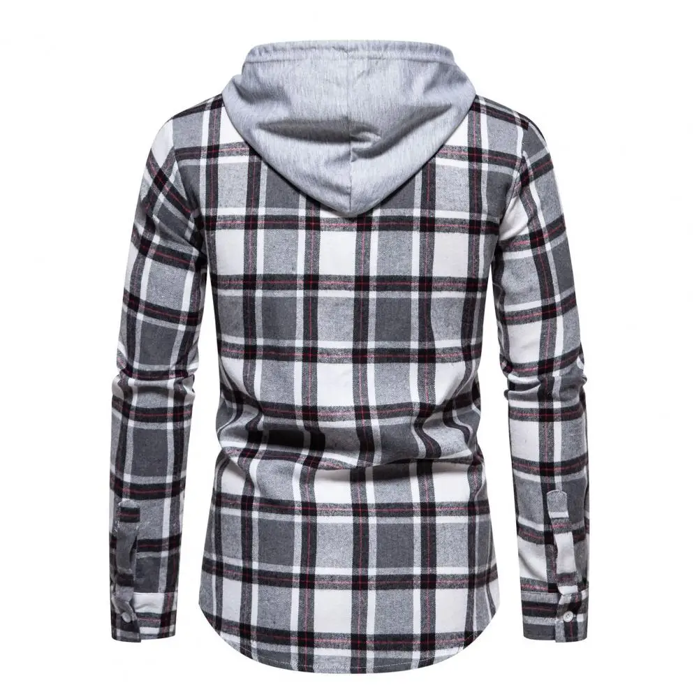 Однобортное пальто, мужская весенне-осенняя рубашка в клетку с капюшоном, пальто с однобортным рисунком, длинный рукав для уличной одежды - 5