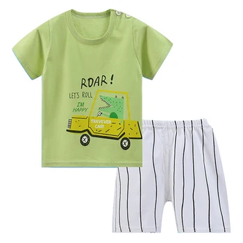 Комплект летней корейской детской одежды из 2 предметов для мальчиков, повседневные топы с короткими рукавами и милым мультяшным принтом + шорты в полоску, детская одежда BC1156