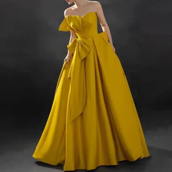 Желтые вечерние платья без бретелек Со шлейфом Женское Свадебное платье с Милым бантом Классическое Бальное платье для выпускного вечера Элегантное Vestidos