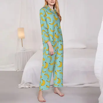 Пижама с банановым принтом, женская пижама в горошек, милая пижама для спальни, осенний пижамный комплект большого размера в стиле ретро из двух частей