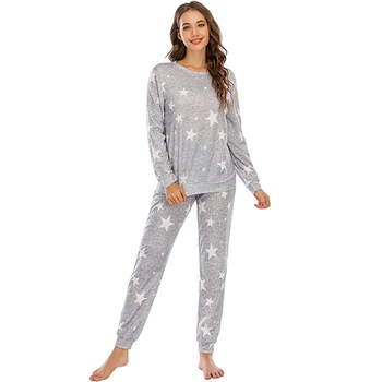 Женский пуловер со звездным принтом, пижамный комплект Louge, топ с длинным рукавом и штаны для бега трусцой с карманами, пижамы
