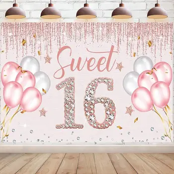 Happy Sweet 16th Birthday Баннер Украшение Розовый Фон Вечерние Принадлежности Розовый Сладкий Шестнадцатый Фон Вывеска для Внутреннего Наружного