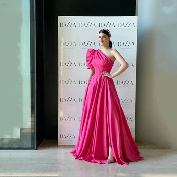 Розовое вечернее платье трапециевидной формы на одно плечо с пышными рукавами из тафты, вечернее платье 2024 с милым разрезом сбоку