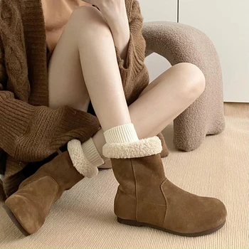 Женские ботинки на плоской подошве, Ботинки-Женская австралийская зимняя обувь с круглым носком, плюшевая, низкая, 2023, Женская зимняя обувь на меху по щиколотку