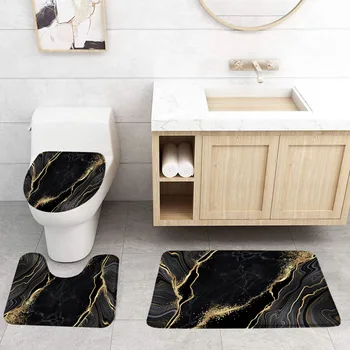 Набор ковриков для ванной из абстрактного черного мрамора с золотисто-серым текстурированным рисунком, современный домашний ковер, декор для ванной комнаты, напольный коврик, крышка унитаза