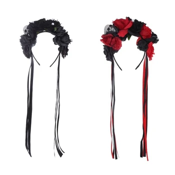 Готическая повязка с черепом, повязка на Хэллоуин, готические цветочные короны для женщин, повязка на голову в День мертвых, повязка на голову с кисточками