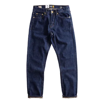 Винтажные хлопковые прямые мужские джинсы из темно-синего денима