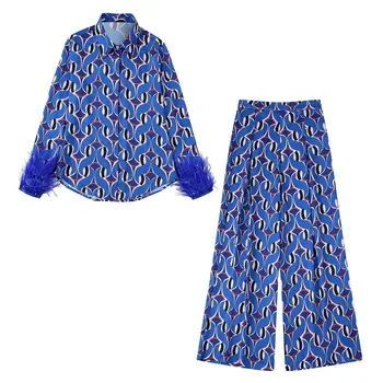 Пижамы Женские Модные Рубашки с принтом из перьев Винтажный женский пижамный комплект с длинным рукавом Блузки Blusas Шикарные топы