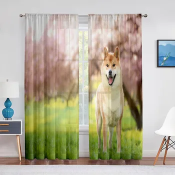 Симпатичная собака Шиба-Ину, стоящая на траве, Прозрачные занавески для декора гостиной, оконная занавеска для спальни, кухни, Тюлевые шторы из вуали