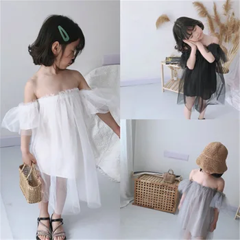 Летнее новое классическое простое платье для девочек с открытыми плечами, сетчатое платье-фея с запахом на груди, детские однотонные модные платья принцесс
