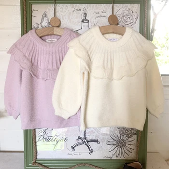Осень-зима, милые детские однотонные пуловеры с длинными рукавами для маленьких девочек, свитера, милые вязаные детские свитера для маленьких девочек