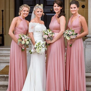Пыльно-розовые платья подружки невесты с открытыми плечами-трансформером, простое шифоновое свадебное платье трапециевидной формы длиной до пола, Большие размеры для женщин