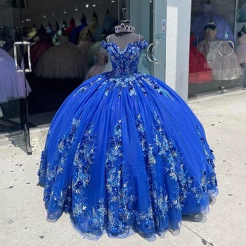 2024 Мексиканские Синие Блестящие Пышные платья с Кружевной 3D Цветочной Аппликацией Vestidos XV 15 Años Sweet 16 robe de soirée