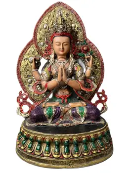 31,5-сантиметровый четырехрукий Авалокитешвара В ответ на запросы Изготовил позолоченную и раскрашенную бронзовую статую Будды