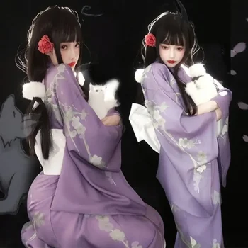 2023 женское японское традиционное кимоно для девочек фиолетового цвета, классическая одежда для косплея юката, платье для фотосъемки, халат