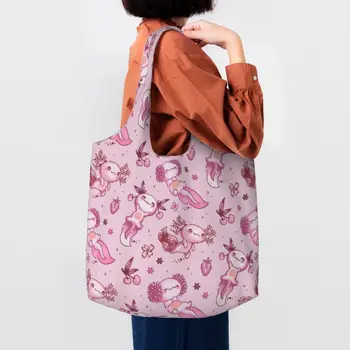 Сумки для покупок с рисунком аксолотля в стиле Каваи, переработка Саламандры, холст для животных, сумка для покупок, сумки для фотографий