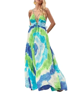 Женское элегантное платье Макси без рукавов с цветочным принтом, глубоким V-образным вырезом и открытой спиной - идеально подходит для летних пляжных вечеринок