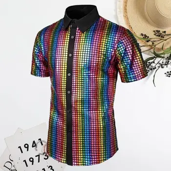 Мужская рубашка против морщин, мужская рубашка для выступлений, Светоотражающие блестящие пайетки, мужская рубашка для диско-клуба 70-х, винтажный отложной воротник