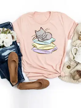Женская летняя модная футболка с коротким рукавом, футболки с графическим принтом, футболка с милым рисунком Cat Sleep, женская футболка