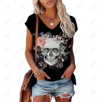 Женская футболка в стиле ретро с графическим принтом черепов, футболки для дам, одежда в стиле харадзюку с V-образным вырезом, летняя повседневная блузка с коротким рукавом, женская одежда