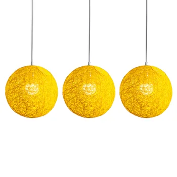 3X Желтая люстра с шариками из бамбука, ротанга и пеньки Индивидуальное творчество Сферический абажур из ротанга в виде гнезда