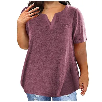 Женские футболки с V-образным вырезом, модный однотонный спортивный свободный пуловер с коротким рукавом, хлопковая футболка, плюс размер домашней одежды на каждый день