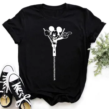 Женские футболки с Микки Маусом на искусственной молнии Kawaii, топы, черные летние топы с короткими рукавами, футболка с рисунком Харадзюку, женская футболка с рисунком